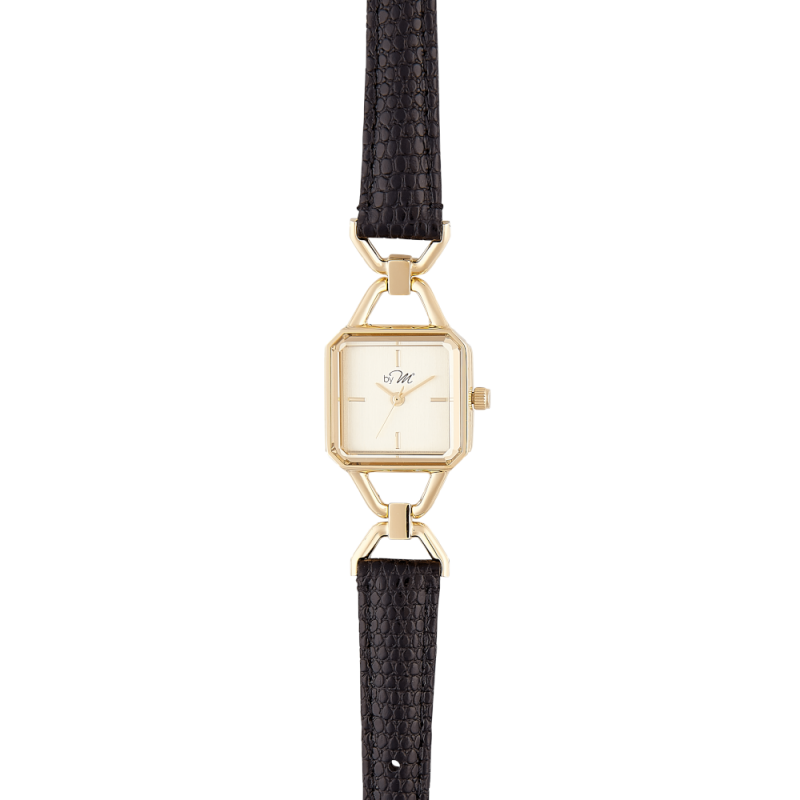 Vintage Style Watch - Champagne Gold and Black Leather Strap